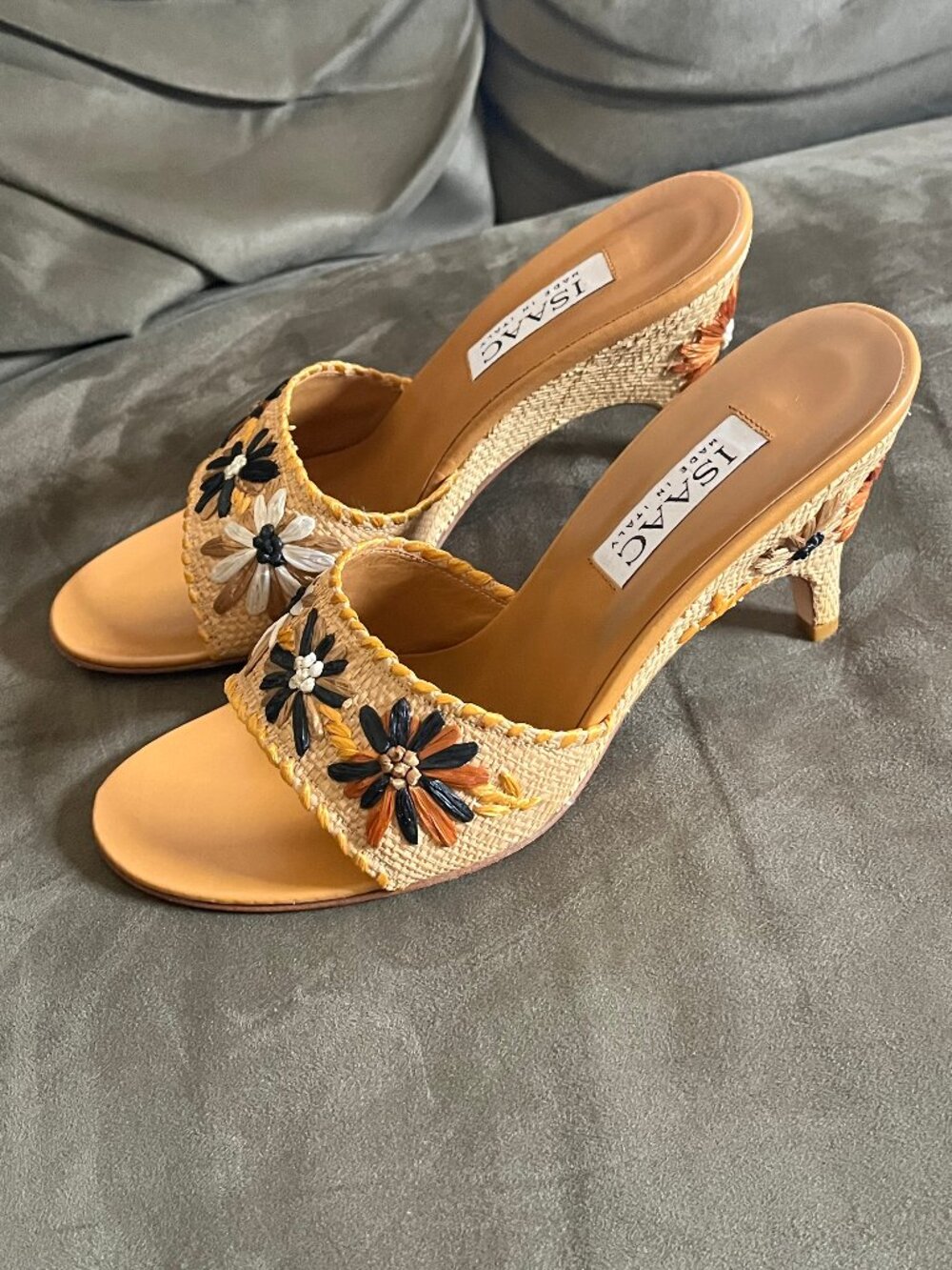 Isaac Mizrahi Tavia Natural Raffia Floral Mule Heeled Sandals, Size 7.5 M